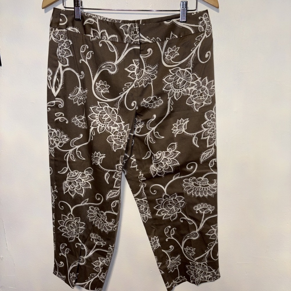 TALBOTS Womens Stretch Cotton Capri Pants Brown Floral Size 12 USA